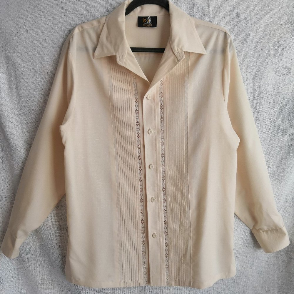 Vintage Iolani Mens Beau Tiki Formal Hawaiian Off White Wedding Shirt Size Large